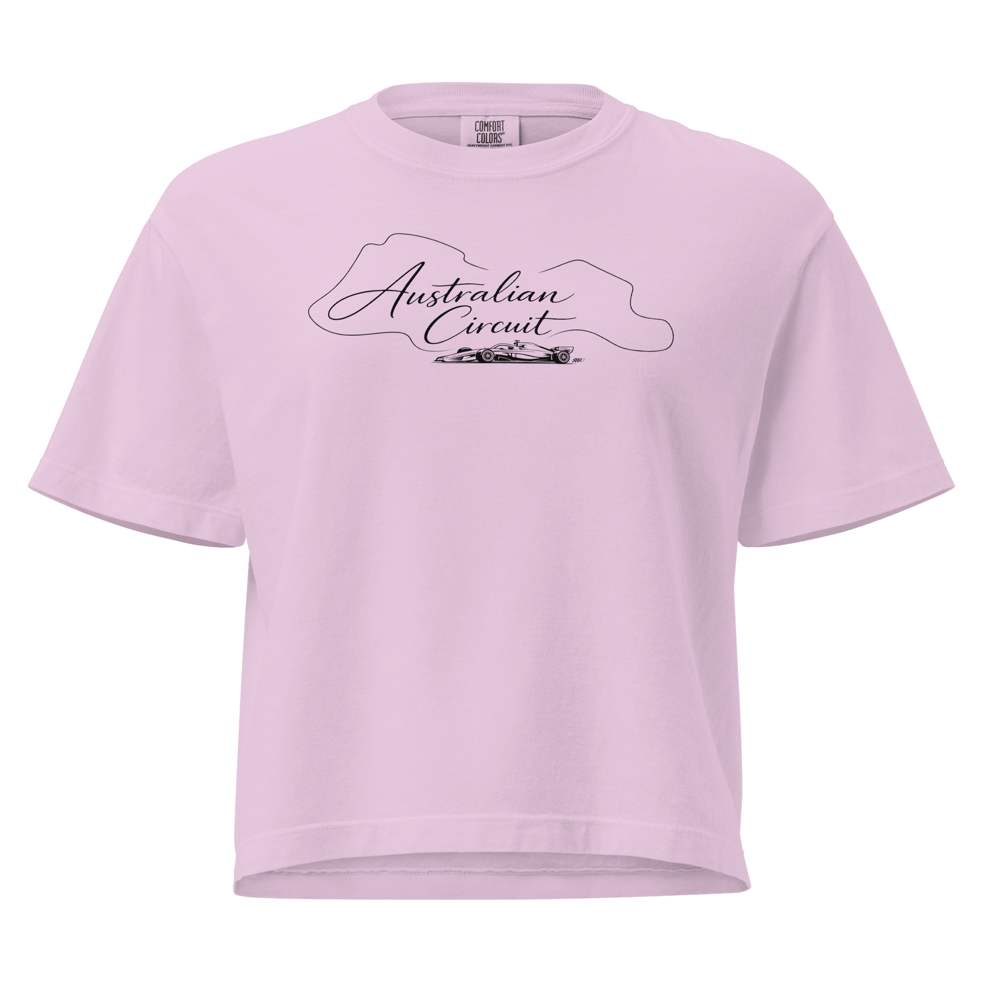 Women's Australian Circuit Tee in Orchid — front ghost view with Australian circuit map | Qualifier Collective