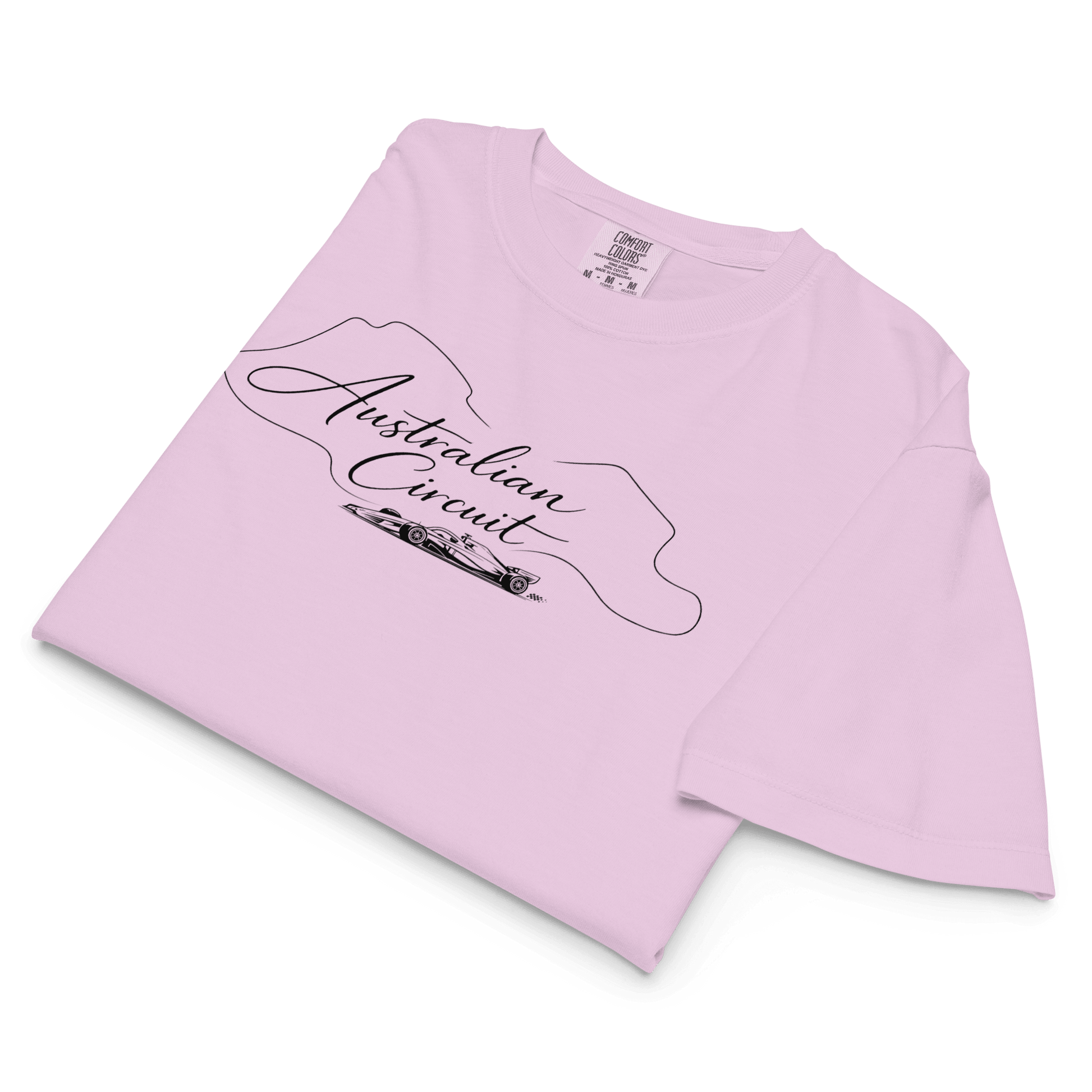 Women's Australian Circuit Tee in Orchid  — laid flat view with Australian Circuit map | Qualifier Collective