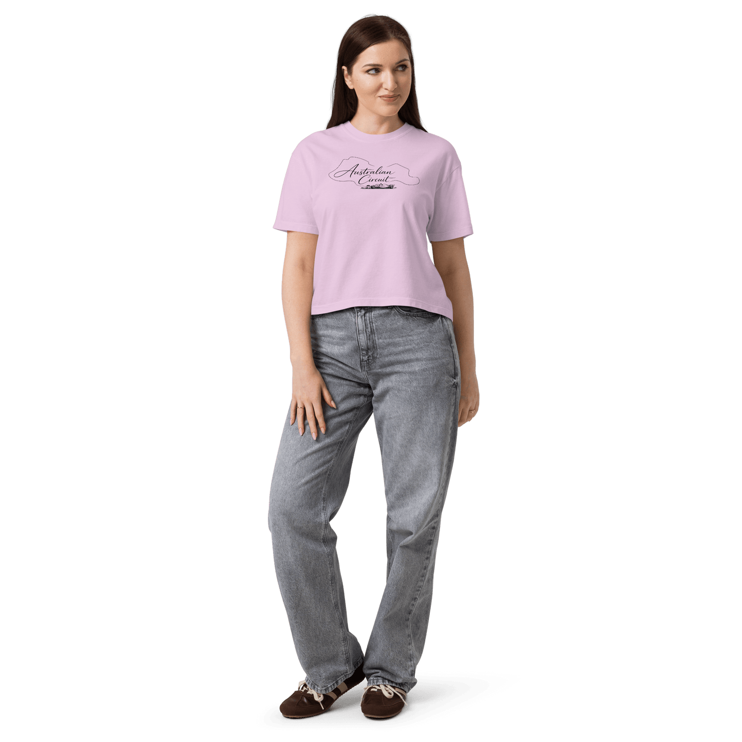 Women's Australian Circuit Tee in Orchid  — on body front view with Australian circuit map | Qualifier Collective