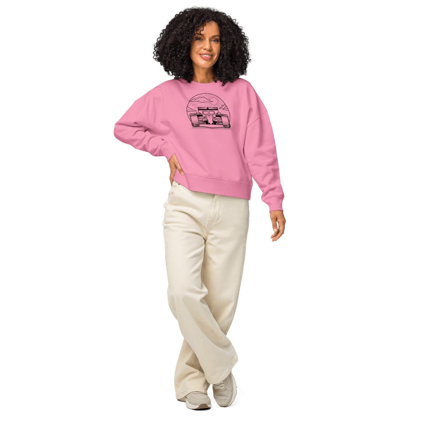 Women's Motorsport Crewneck in Bubble Pink - on body front graphic | Qualifier Collective