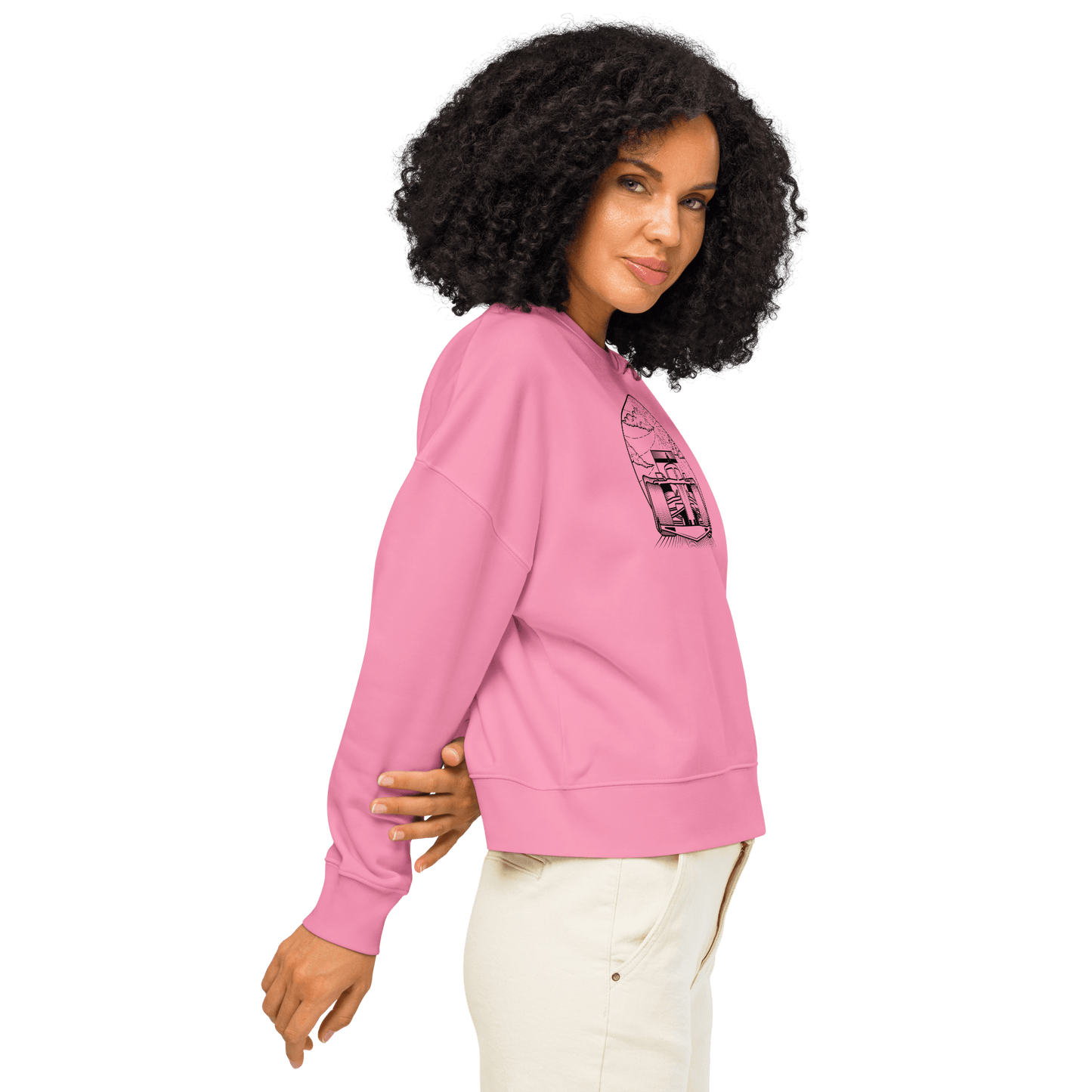 Women's Motorsport Crewneck  in Bubble Pink - on body side view graphic | Qualifier Collective
