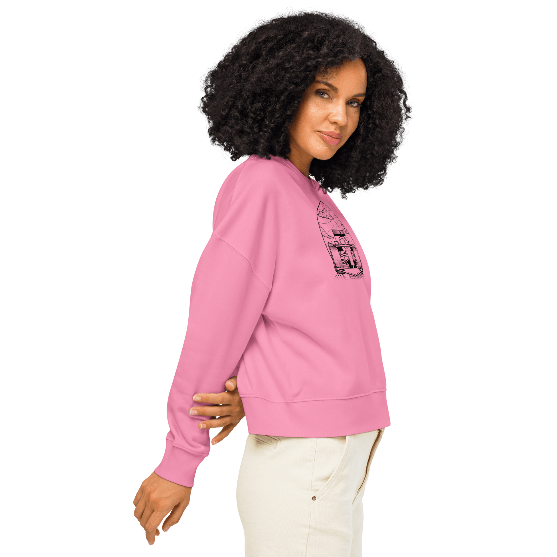 Women's Motorsport Crewneck  in Bubble Pink - on body side view graphic | Qualifier Collective