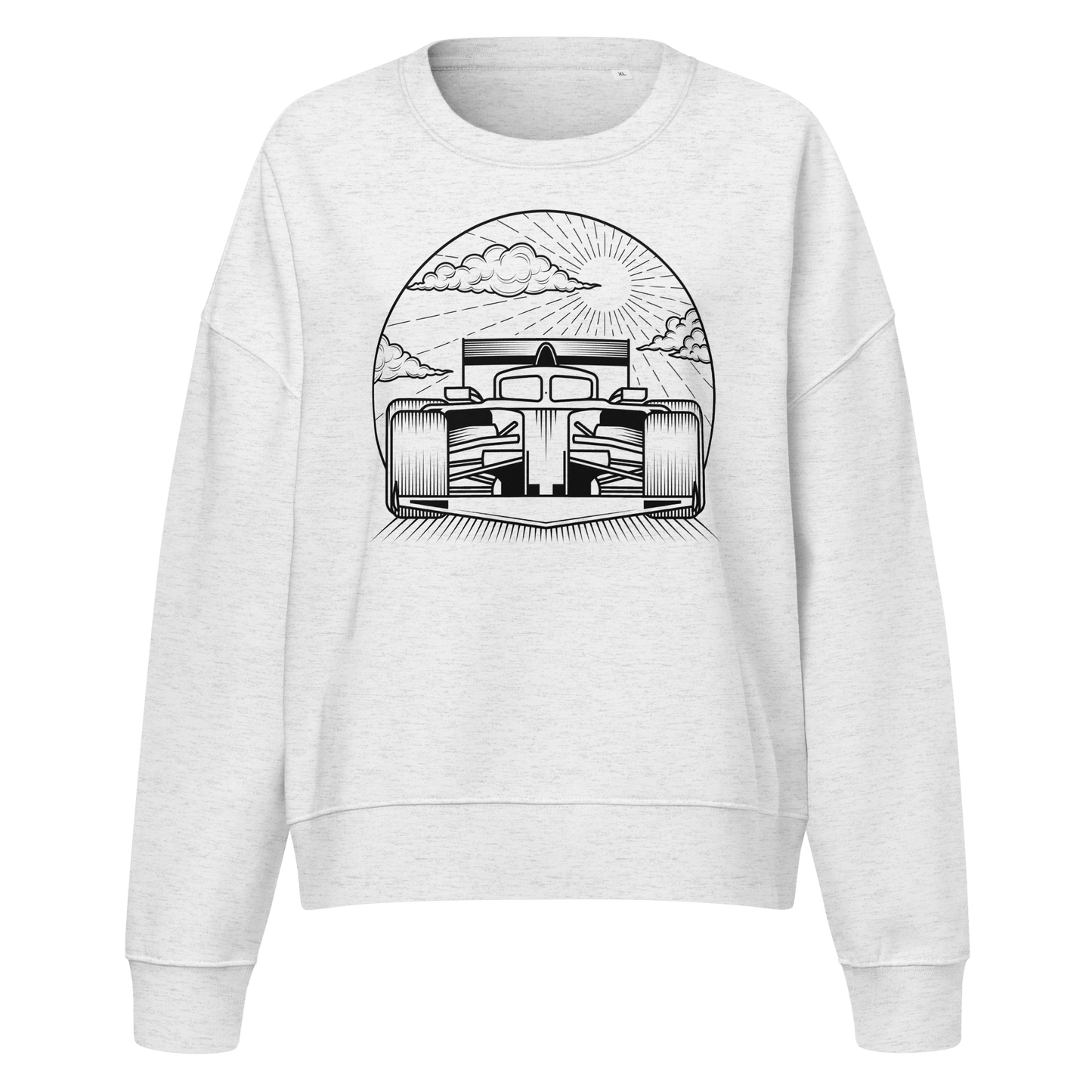 Women's Motorsport Crewneck in Cool Heather Grey - ghost front view with graphic | Qualifier Collective
