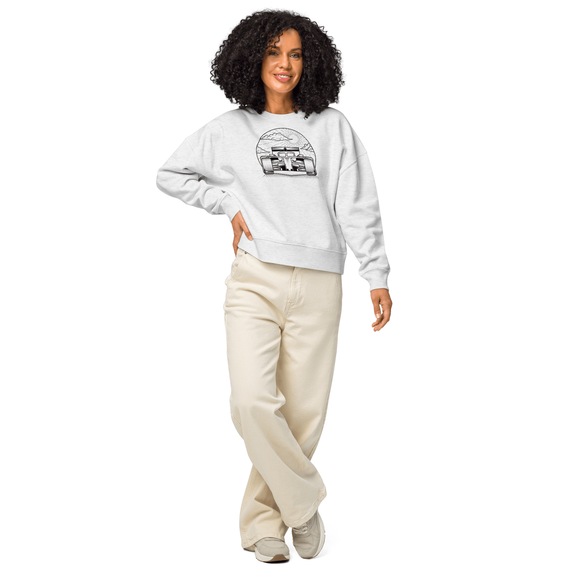 Women's Motorsport Crewneck in Cool Heather Grey- on body front graphic | Qualifier Collective