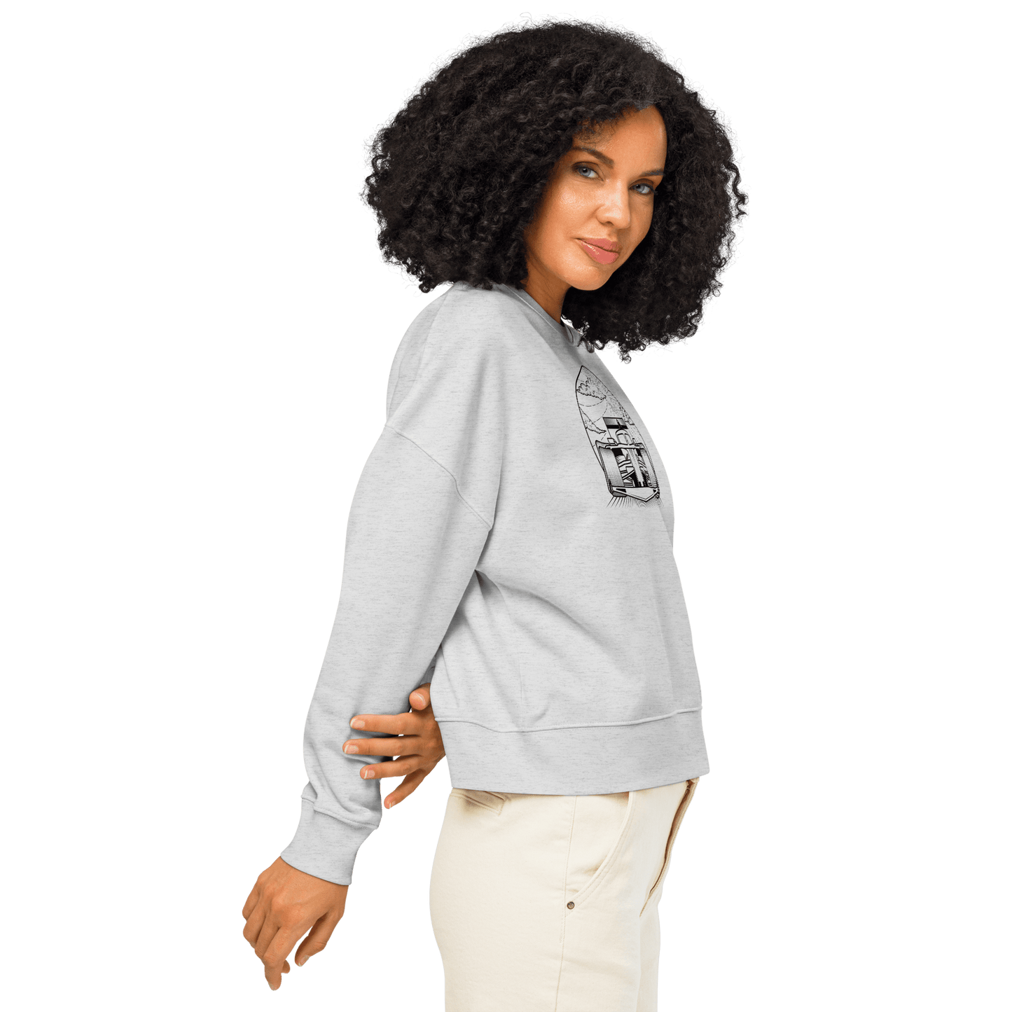 Women's Motorsport Crewneck in Cool Heather Grey - on body side view graphic | Qualifier Collective