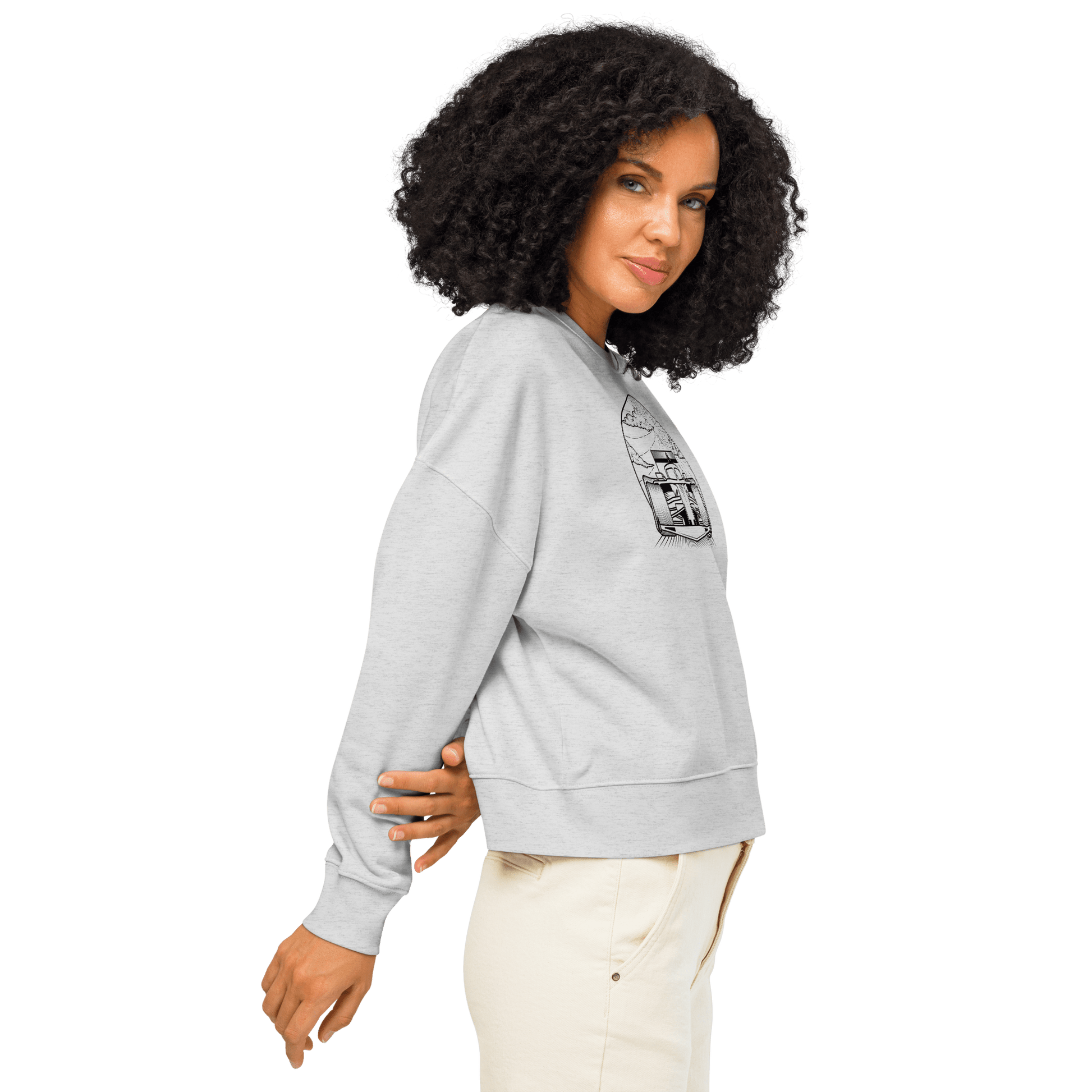 Women's Motorsport Crewneck in Cool Heather Grey - on body side view graphic | Qualifier Collective